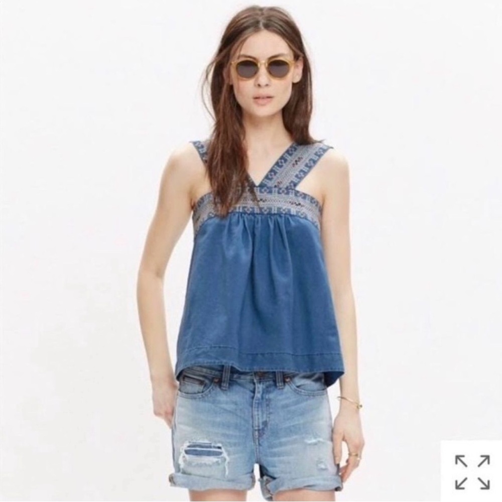 Madewell‎ Blue Embroidered V-Strap Chambray Top Sz S